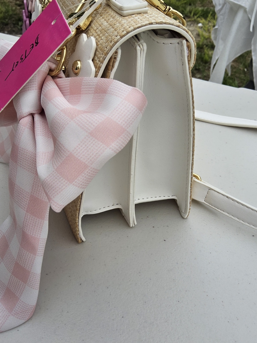 Betsey Johnson Beige Straw Satchel with Pink Bow & Floral Appliqués - Picture 6 of 6